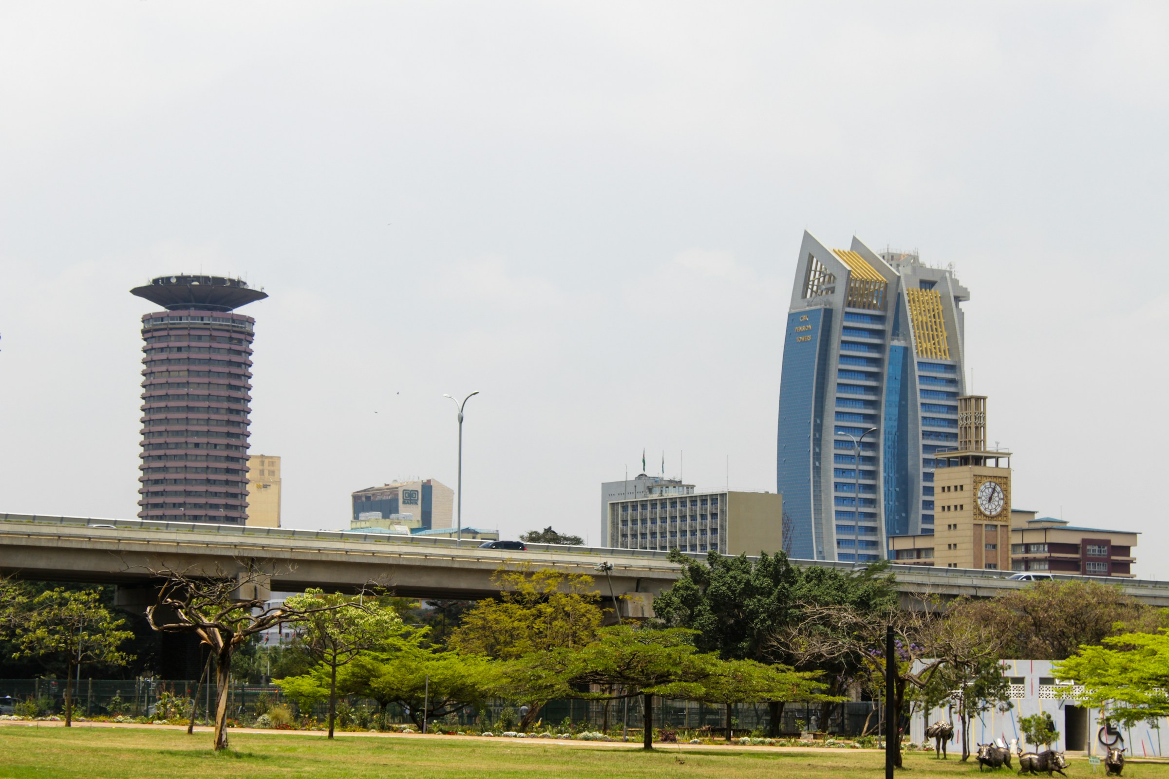 A view across the skyscrapers and roads of Nairobi, Kenya, at sunset